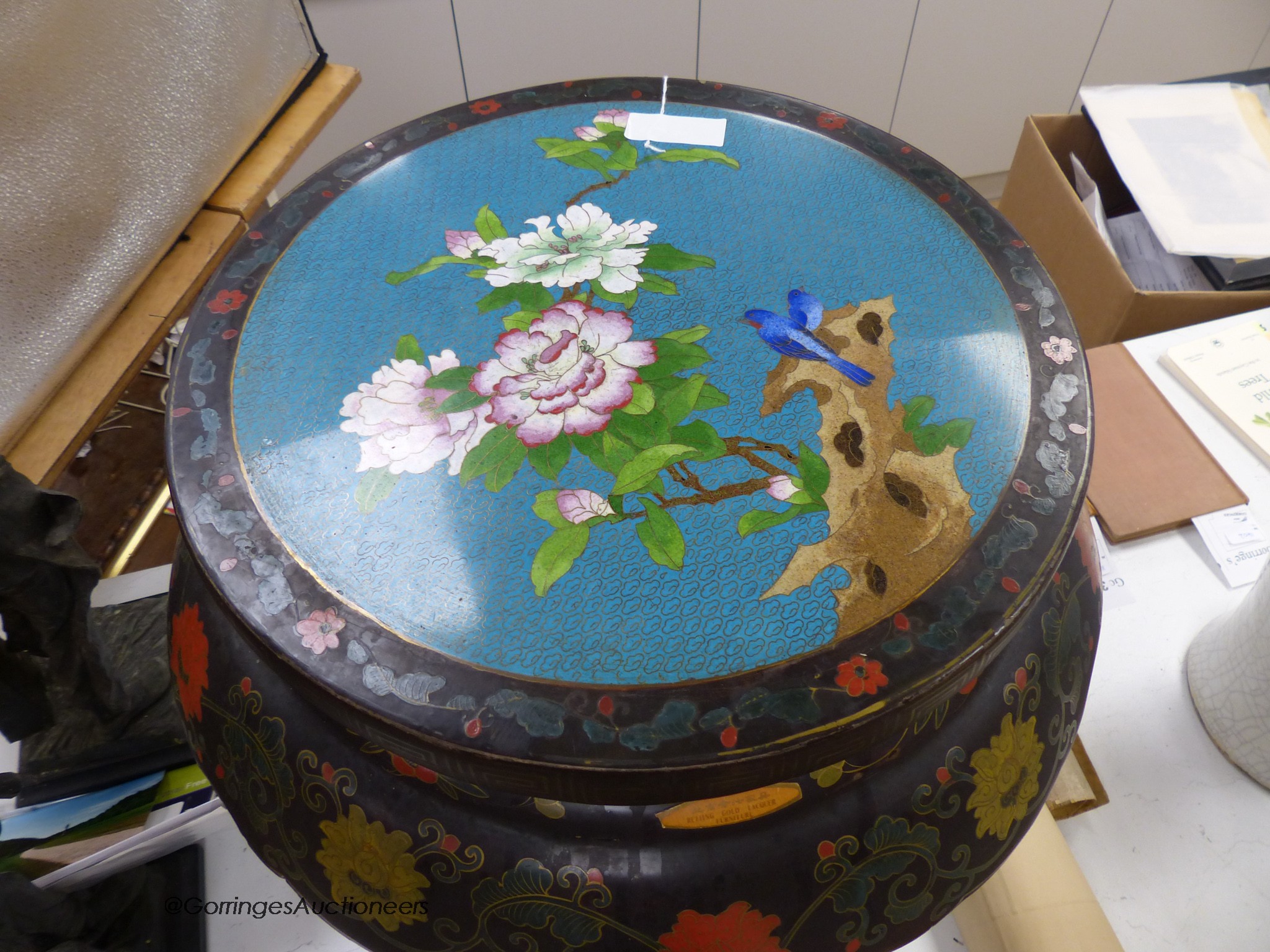 A Chinese lacquer and cloisonne enamel inset stand, height 51cm